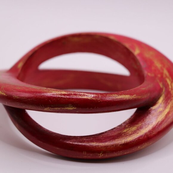 A Rare Find- Vintage Red with Gold Marbeling  Wooden Intertwined Handmade Bangle - Picture 1 of 5